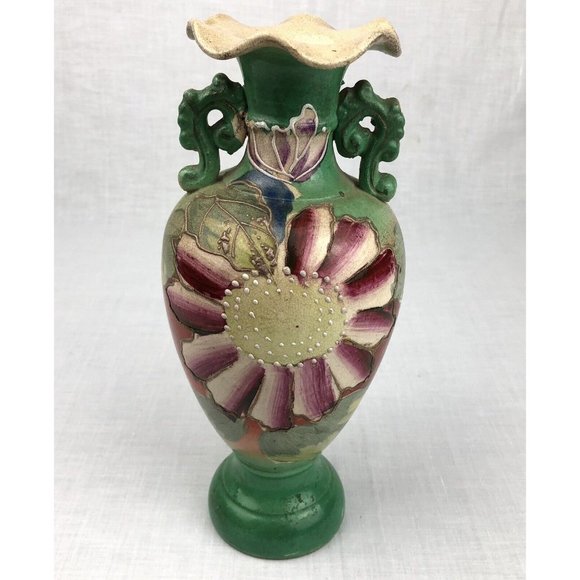 Vintage Moriage Floral Ceramic Vase - Green/Orange/Purple BOHO 10” Tall - Picture 1 of 16